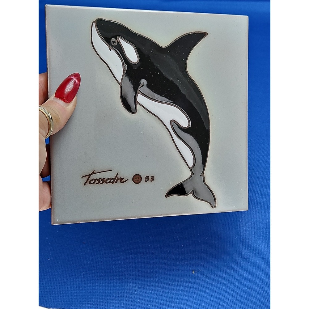 Cleo Teissedre Art Tile Trivet Coaster ORCA WHALE DOLPHINS 1983 Wall Plaque 6x6 - Picture 3 of 11